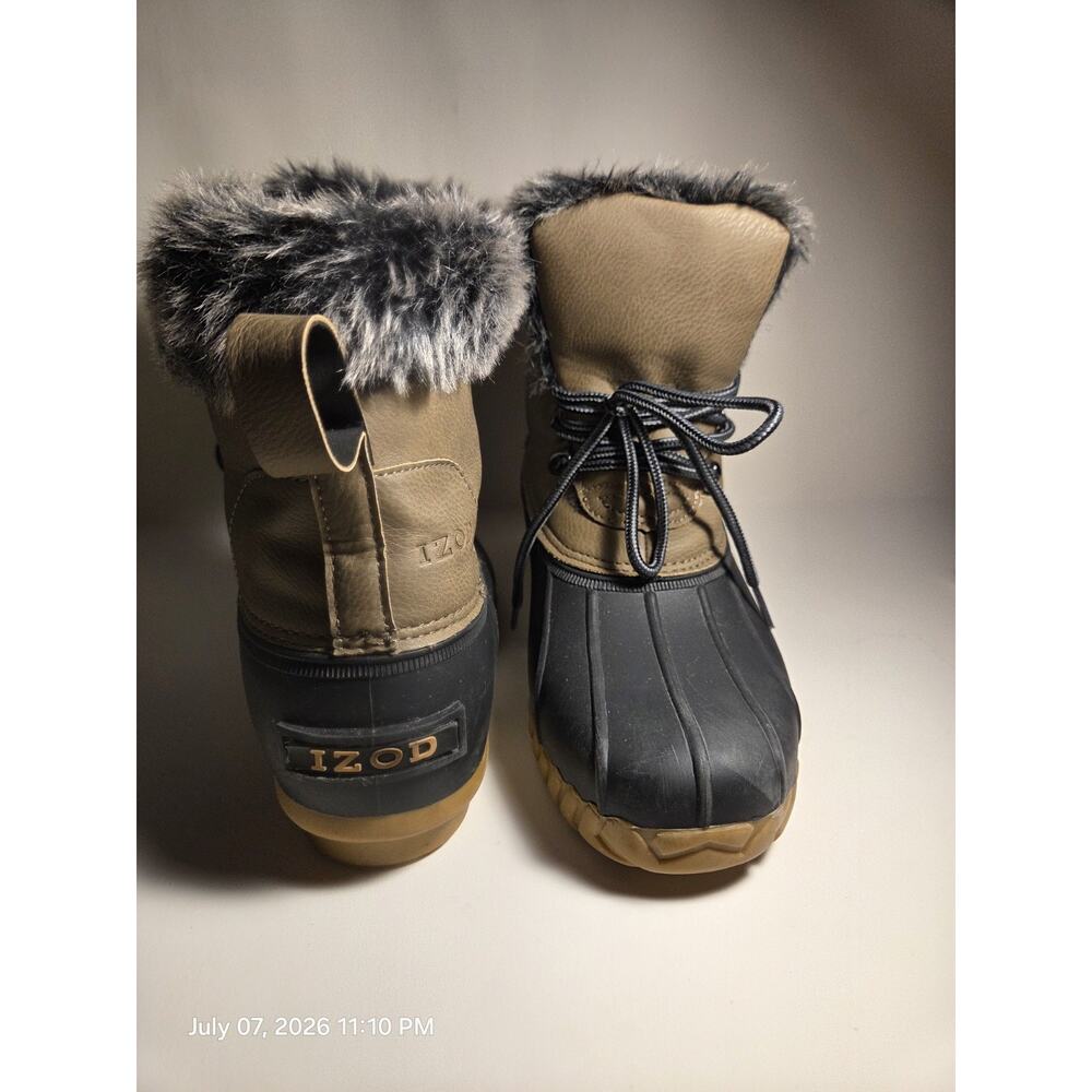 IZOD Men's Duck Boot US 7 Black/Tan Faux Fur Lined Lace-Up Ankle Rubber - Picture 3 of 3